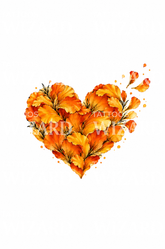 Marigold Petal Heart Watercolor Tattoo Idea