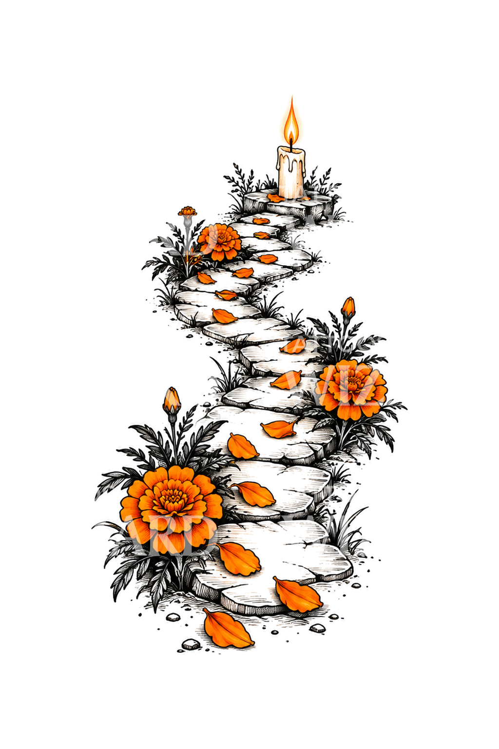 Szkic tatuażu ścieżki z płatków nagietka do świecy Día de los Muertos