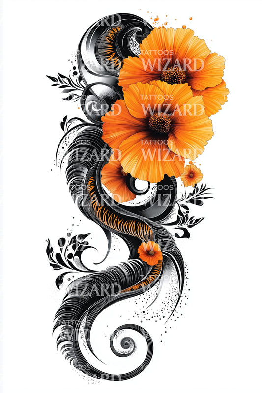 Marigold Scroll Flair Tatoeage Ontwerp