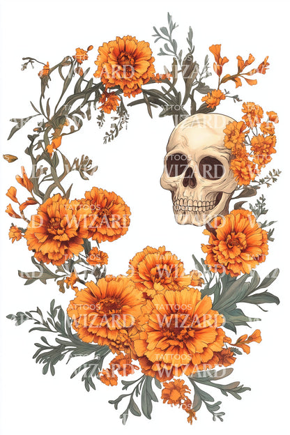 Marigold Skull Wreath Tattoo Design