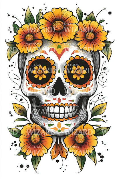 Marigold Sugar Skull Tattoo Design