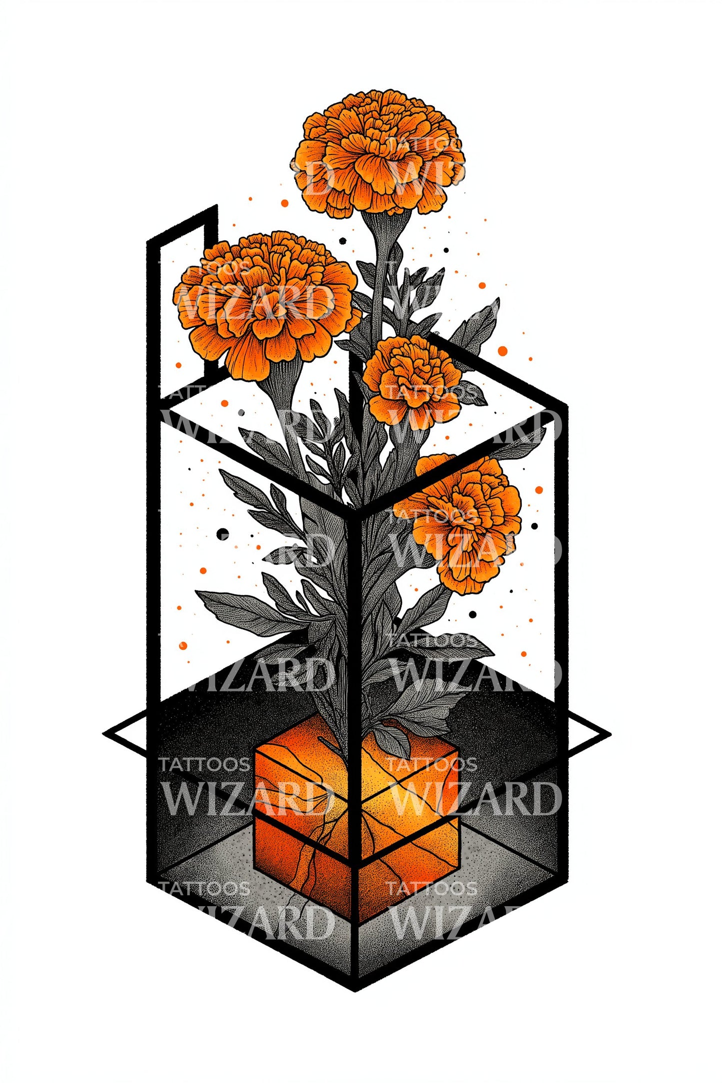 Design Tatuaggio Cubo Terrario Calendula