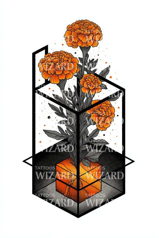 Design de tatouage cube terrarium souci