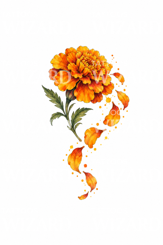 Tattoo-ontwerp met goudsbloem en dwarrelende bloemblaadjes