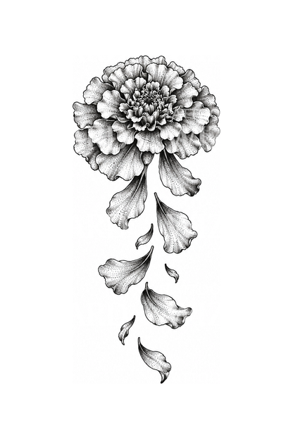 Marigold with Falling Petals Dotwork Tattoo