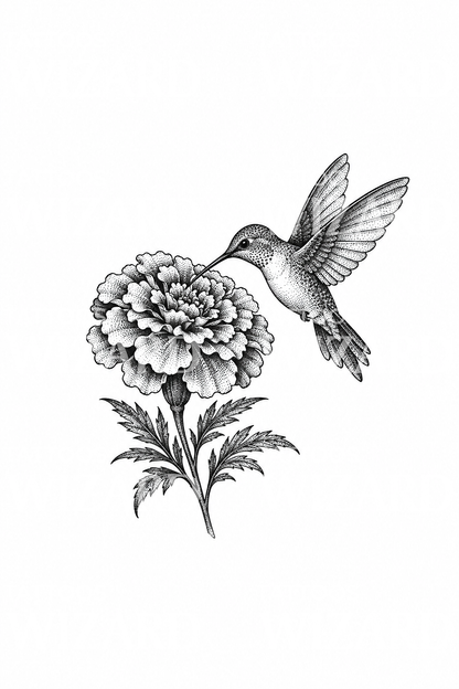 Kadife çiçeği ve sinek kuşu dotwork dövme tasarımı