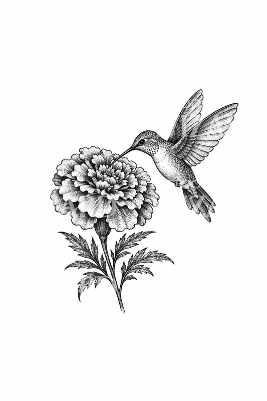 Desain Tato Dotwork Marigold dengan Kolibri