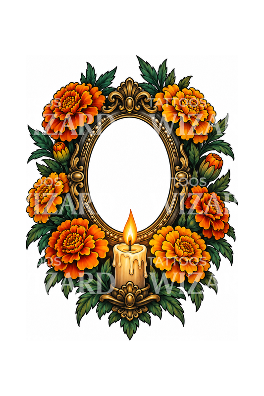 Marigold Wreath Memorial Frame Tattoo Design