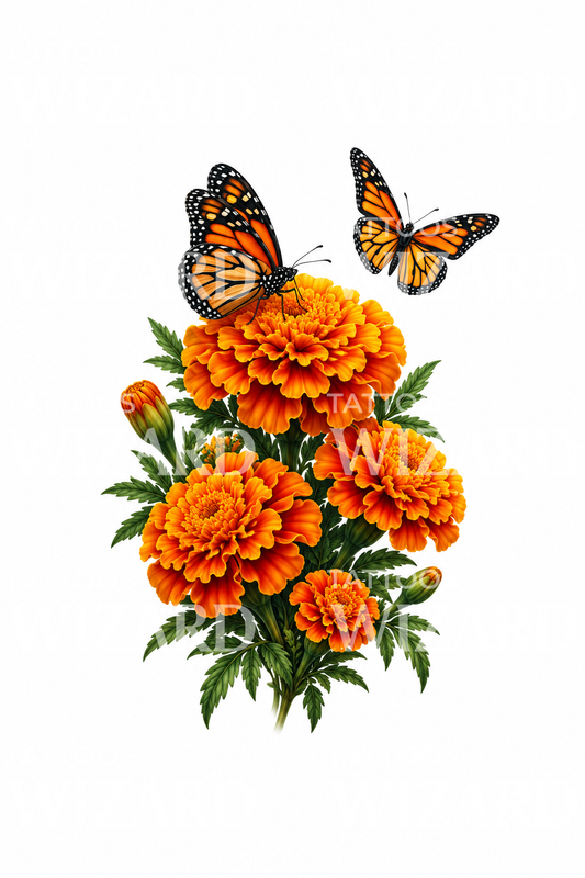Marigolds and Monarch Butterflies Tattoo Design