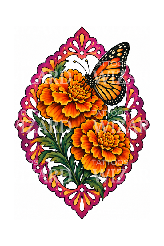 Marigolds and Monarch Papel Picado Tattoo Design