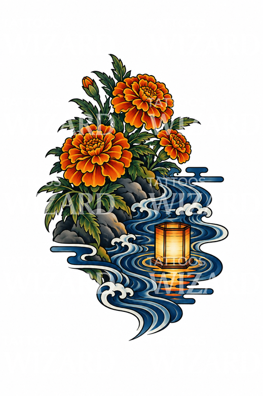 Japansk tatovering med morgenfruer ved floden og flydende lanterner