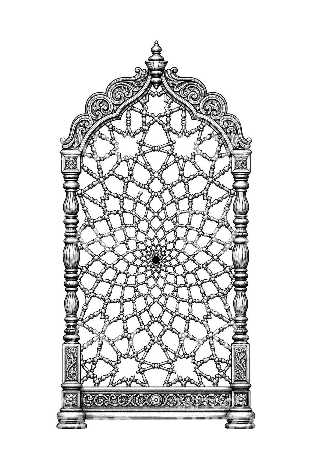 Illustration de tatouage d’un écran mashrabiya en bois tourné
