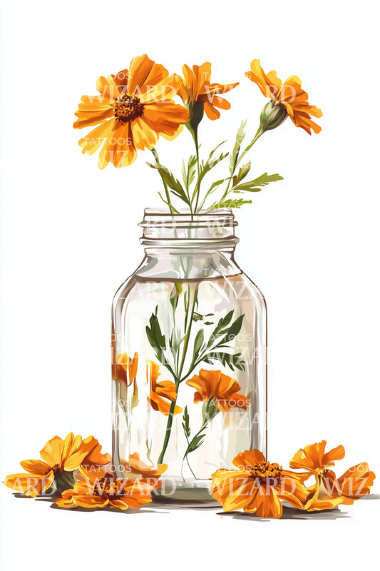 Mason Jar Marigold Tattoo Design