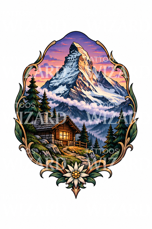 Matterhorn-bjerg med alpinhytte som tatovering