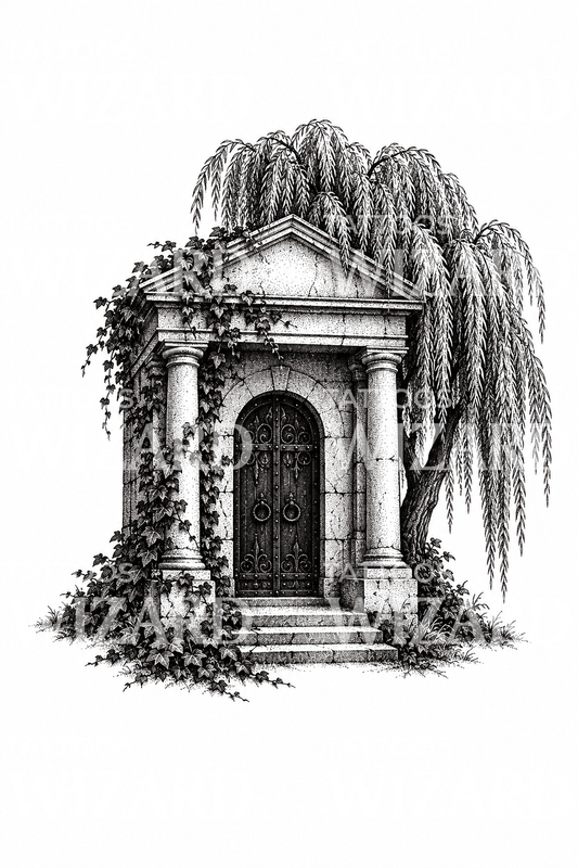 Tattoo van mausoleum met treurwilg