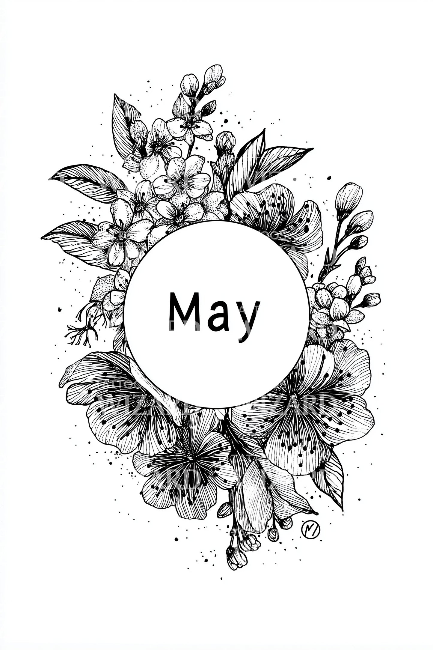 May Botanical Circle Frame Tattoo Design