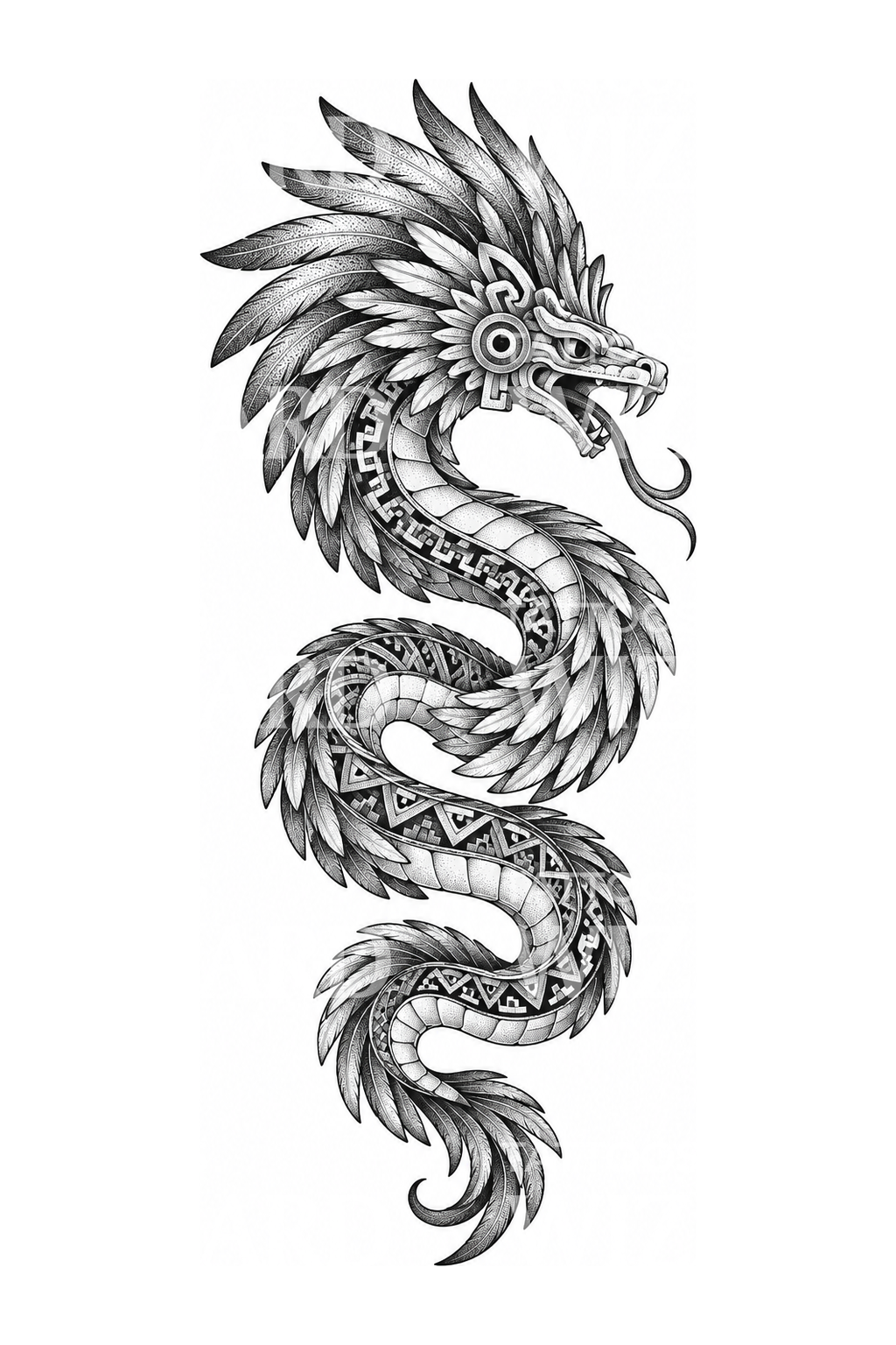 Maya-tattoo-ontwerp van de gevederde slang Kukulkan in dotwork