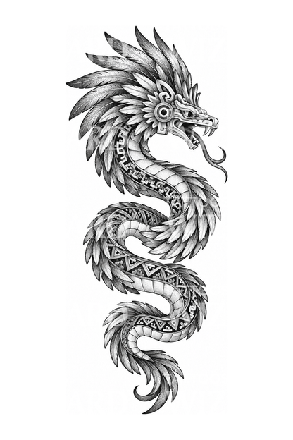 Maya-tattoo-ontwerp van de gevederde slang Kukulkan in dotwork