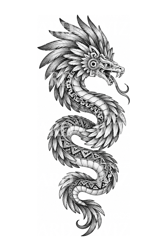 Diseño de tatuaje maya de la serpiente emplumada Kukulkán en dotwork
