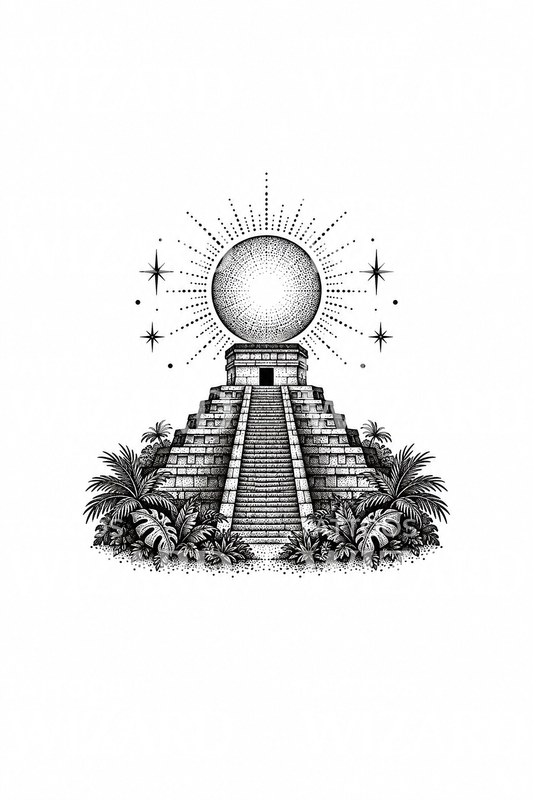 Mayan Pyramid Temple under Sun Disc Dotwork Tattoo