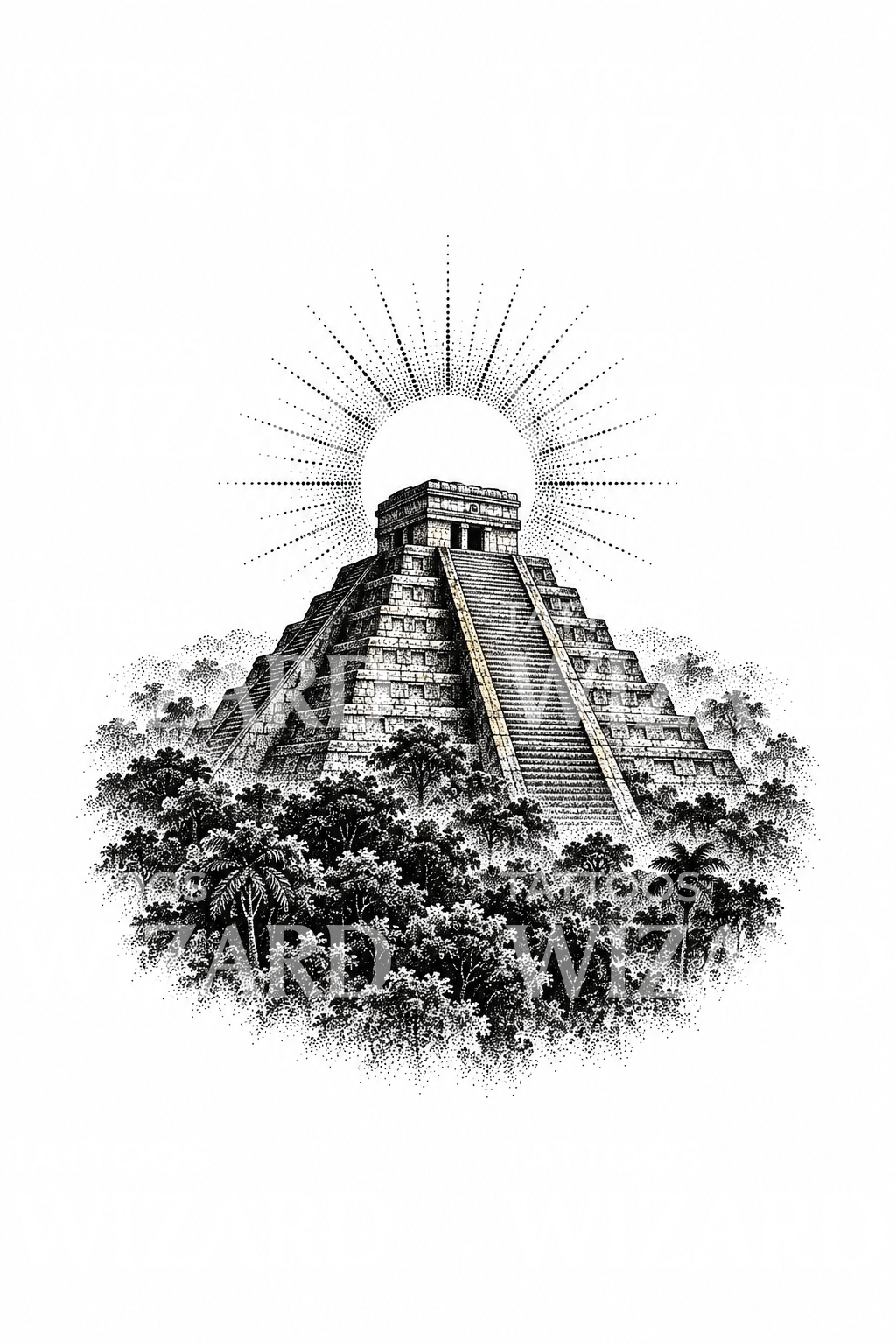 Piramida Bertingkat Maya Menjulang dari Rimba, Tato Dotwork