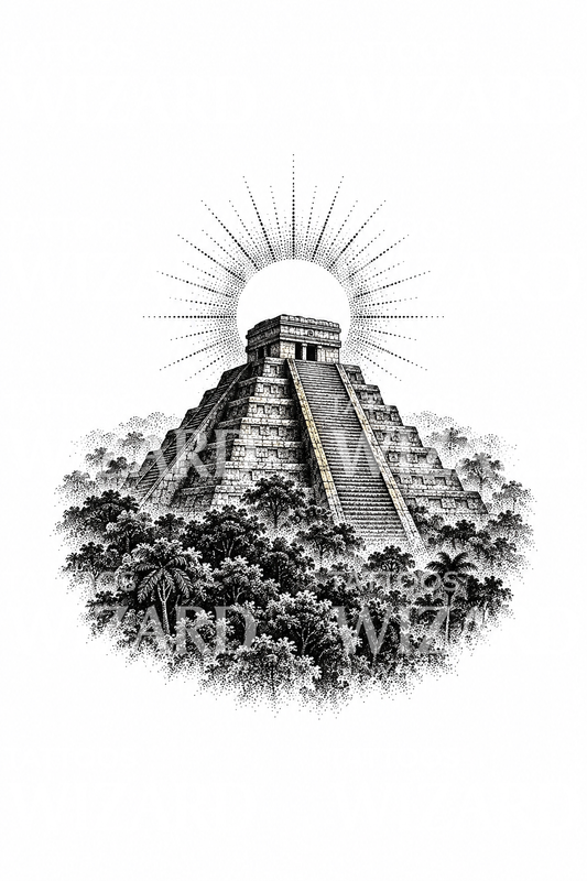 Mayská stupňovitá pyramida vystupující z džungle, tečkované tetování