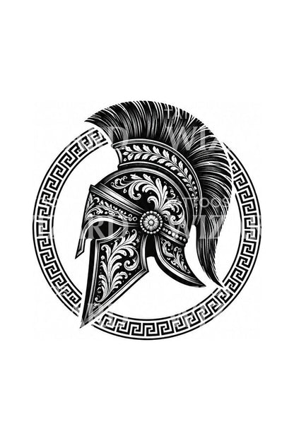Desain tato helm Korintus dengan cincin meander