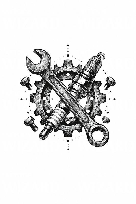 Tatouage mécanicien avec clé, bougie et engrenage