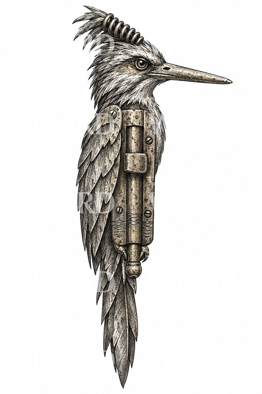 Tatueringillustration av en mekanisk fågel