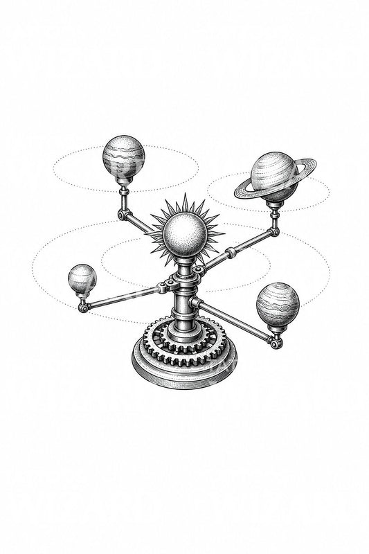 Ilustración de tatuaje de planetario mecánico del sistema solar