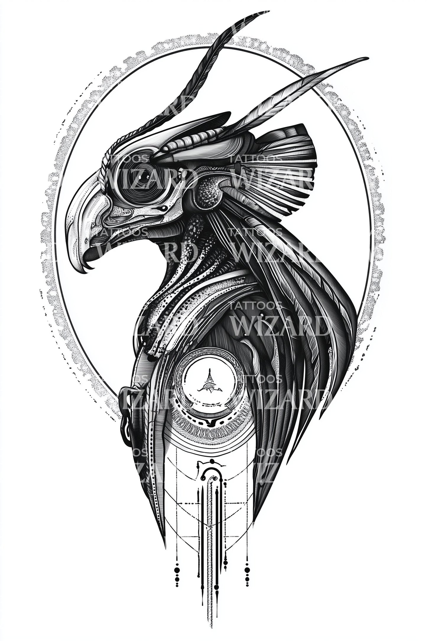 Mechanical Raven Profile Tattoo Illustration
