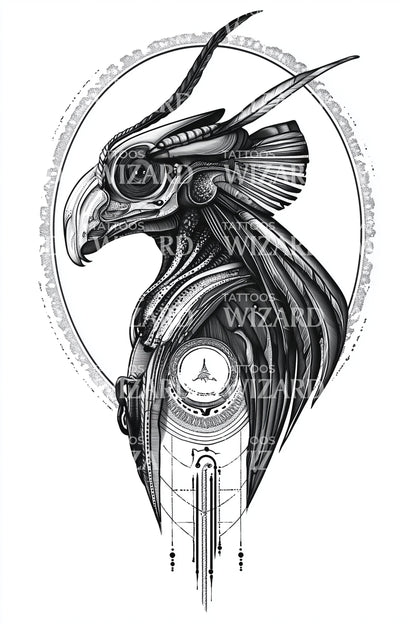 Mechanical Raven Profile Tattoo Illustration