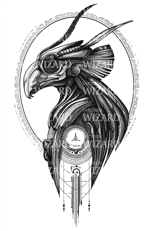 Mechanical Raven Profile Tattoo Illustration