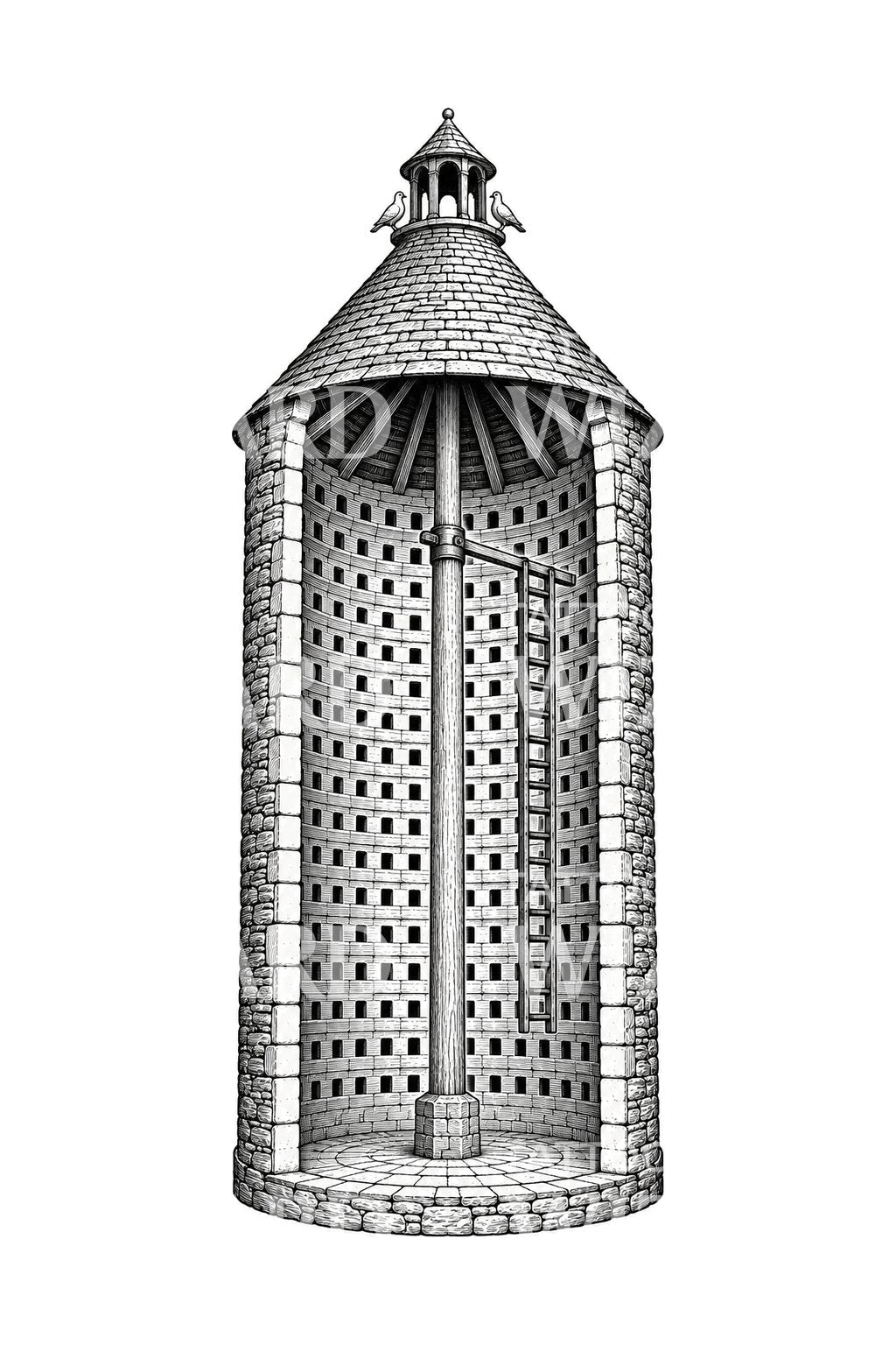Illustration en coupe d’un pigeonnier médiéval