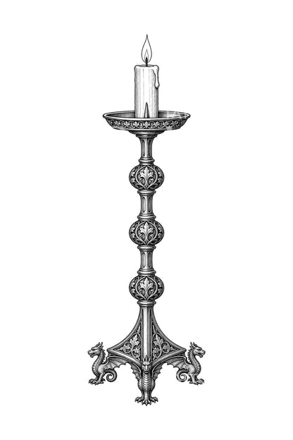 Tatueringillustration av medeltida drake på fotljusstake