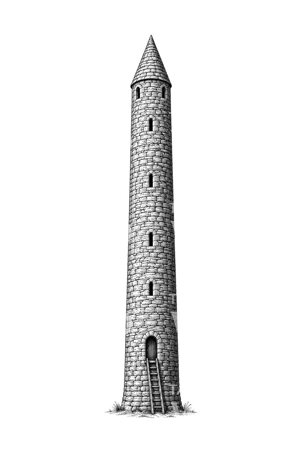 Medieval Irish Round Tower Tattoo Illustration