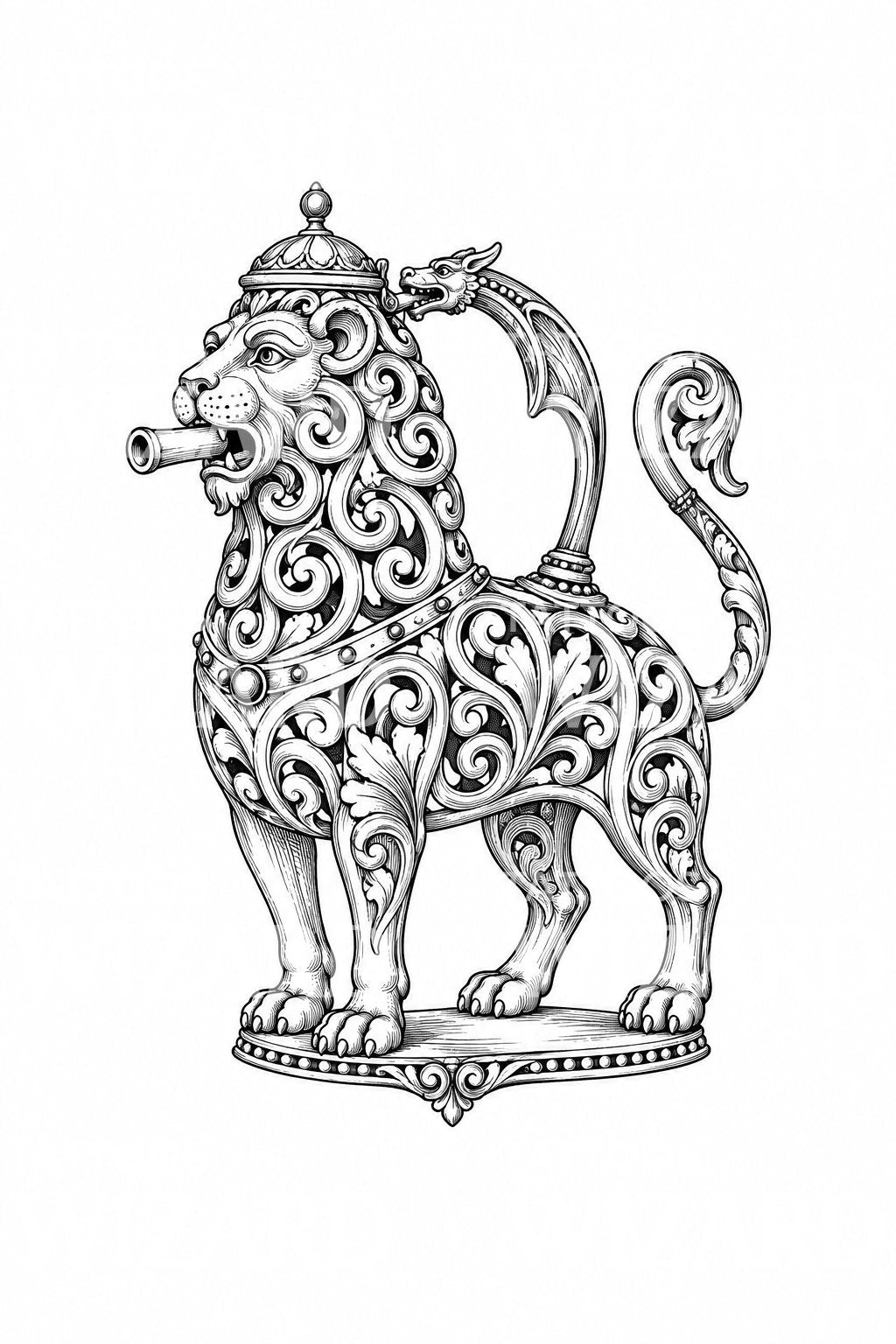 Medieval Lion Aquamanile Vessel Tattoo Design