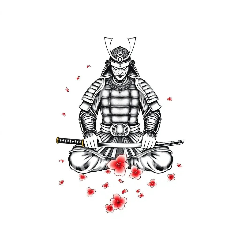 Meditating Samurai Sakura Tattoo Design