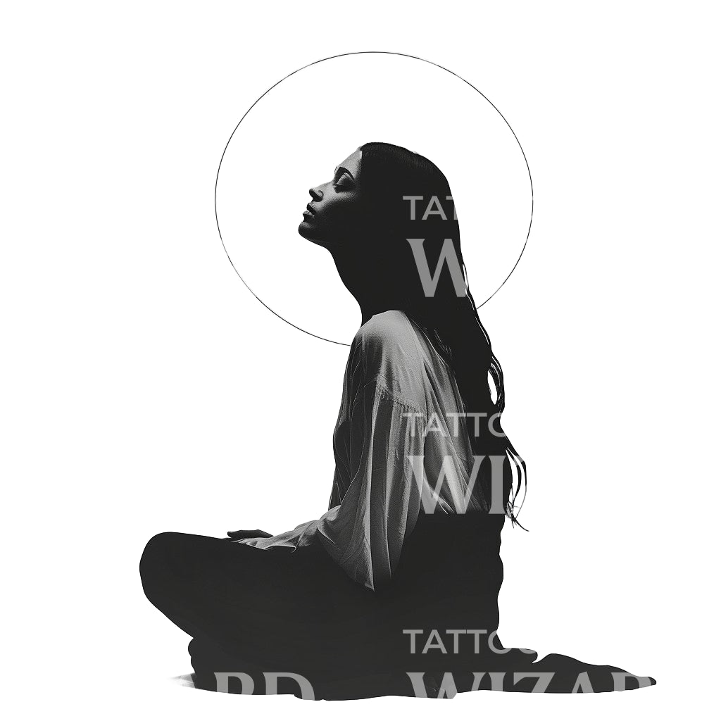 Ein meditierendes, minimalistisches Tattoo-Design für eine Frau