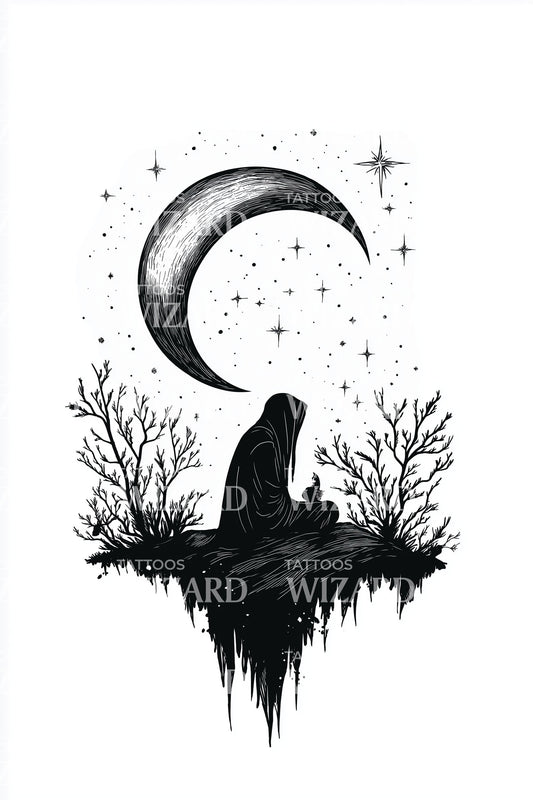 Meditative Crescent Hermit Tattoo Illustration