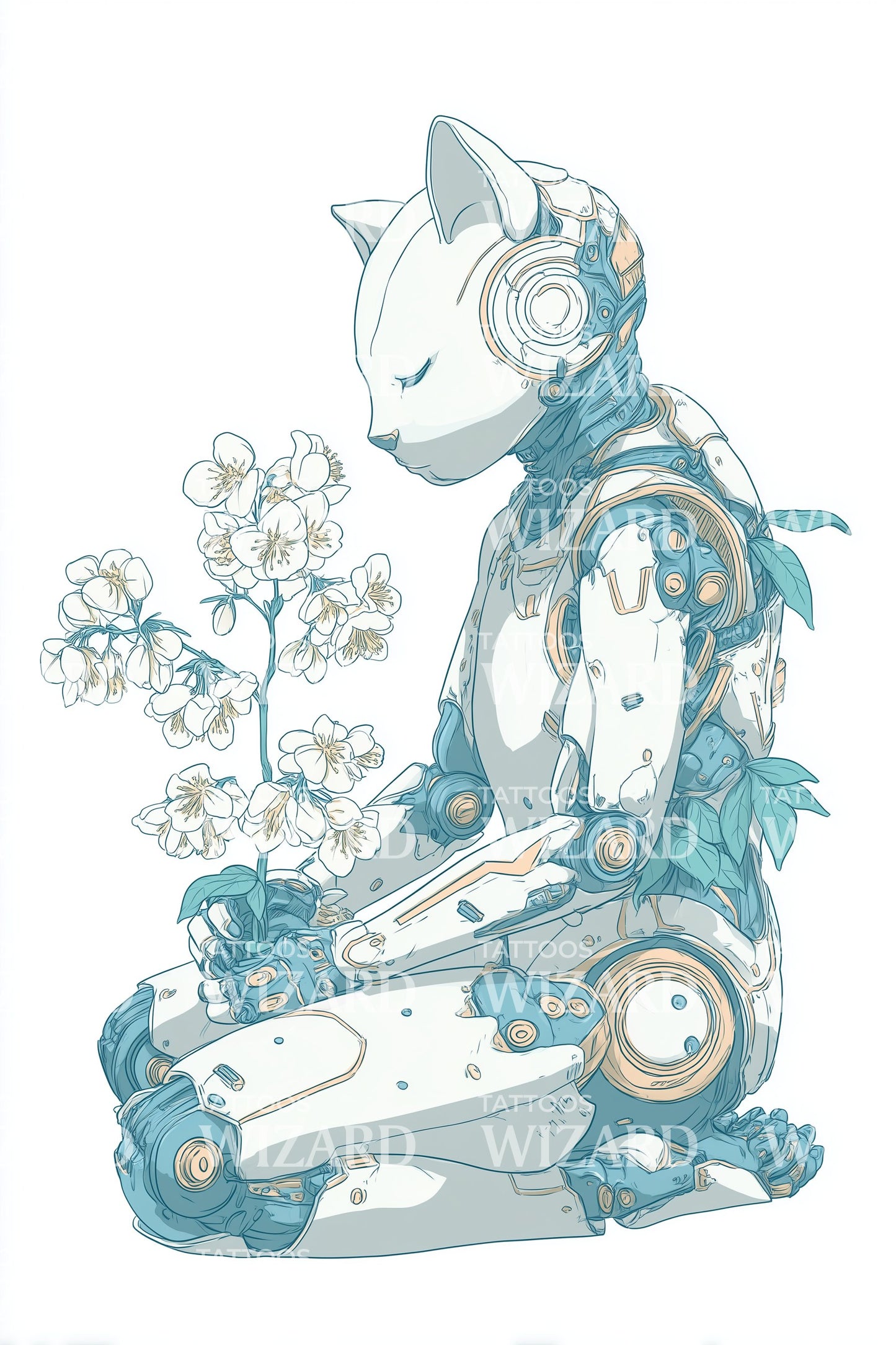 Meditative Cyber Cat Tattoo Design