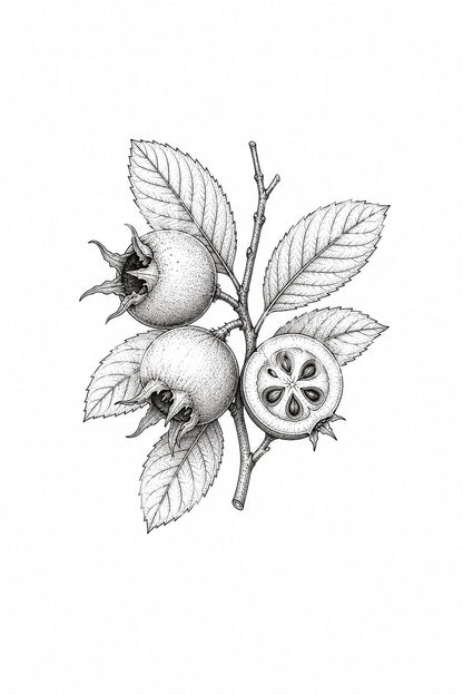Diseño de tatuaje botánico de una rama de níspero