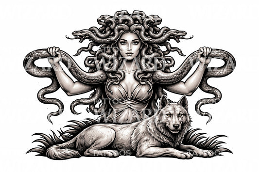 Medusa and Wolf Tattoo Design