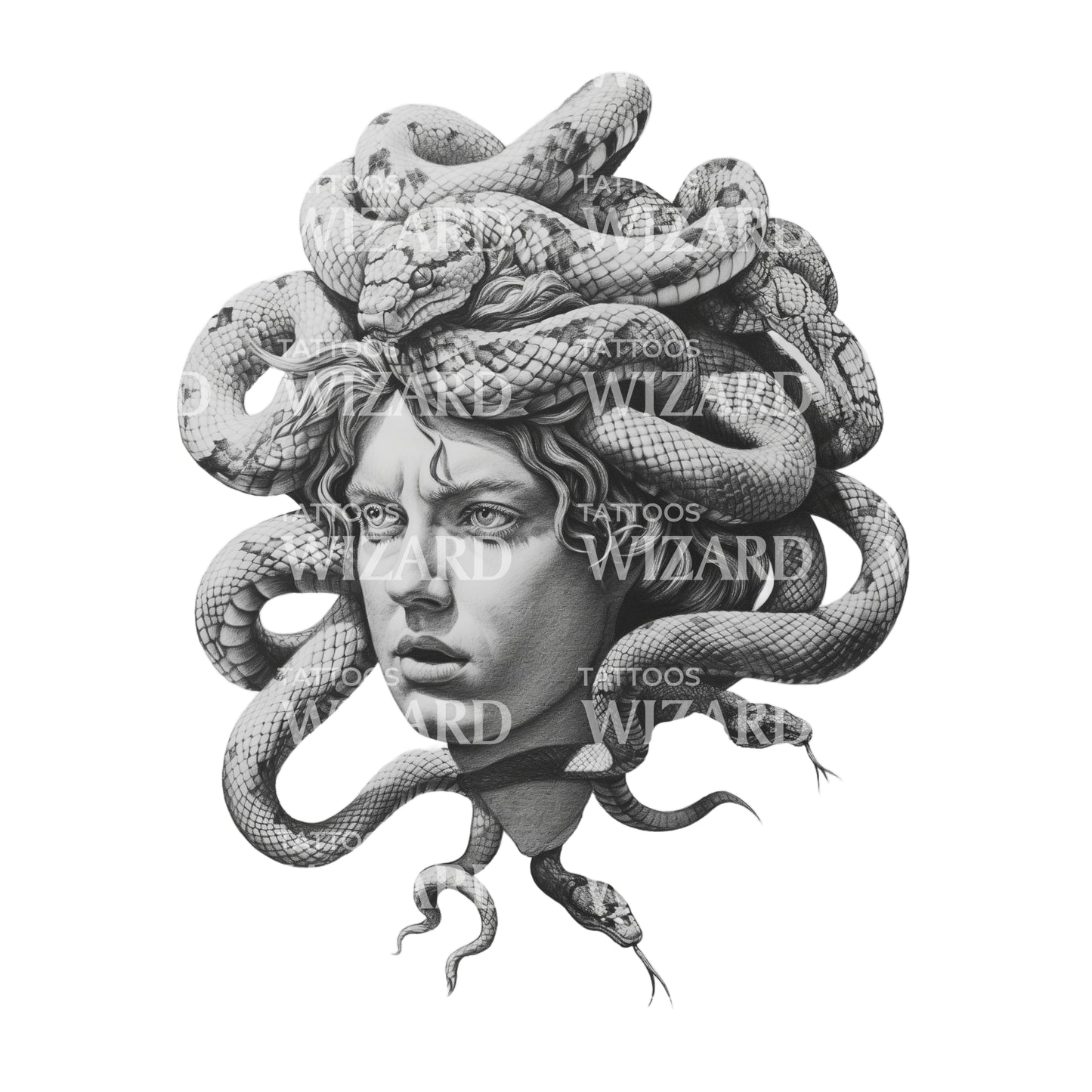 Eine Medusa aus Stein mit Schlangen Tattoo-Idee