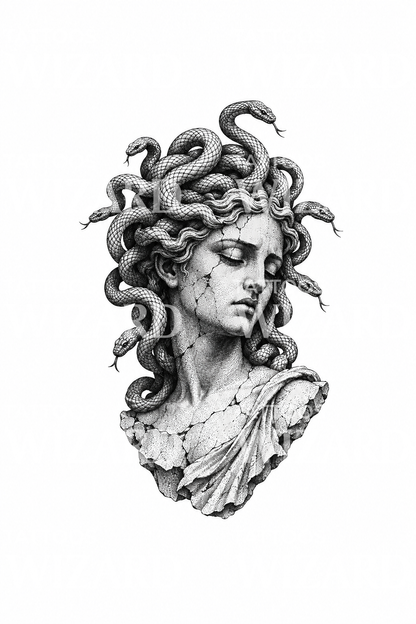 Kígyós márvány Medúza-mellszobor dotwork tetoválás