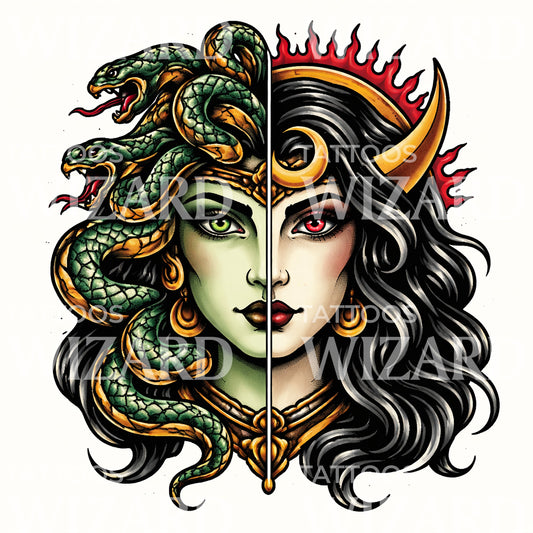 Medusa Moon Duality Tattoo Illustration