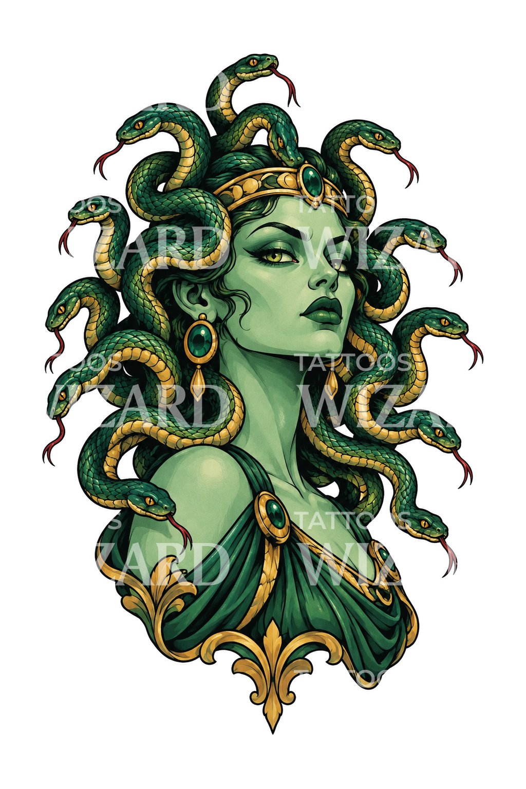 Medusa with Emerald Serpents Tattoo Design