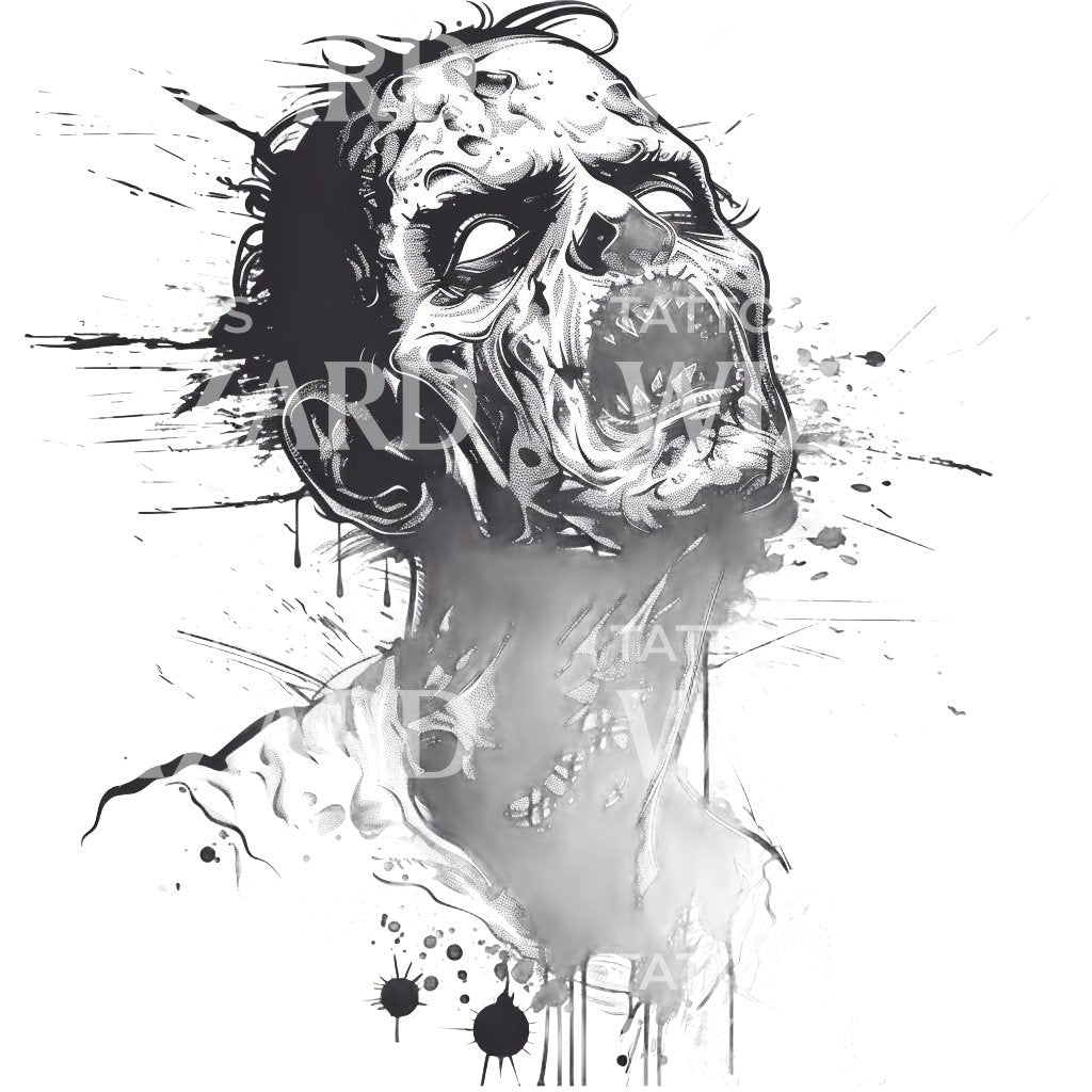 Melancholic Zombie Head in Splatter Art Tattoo Design