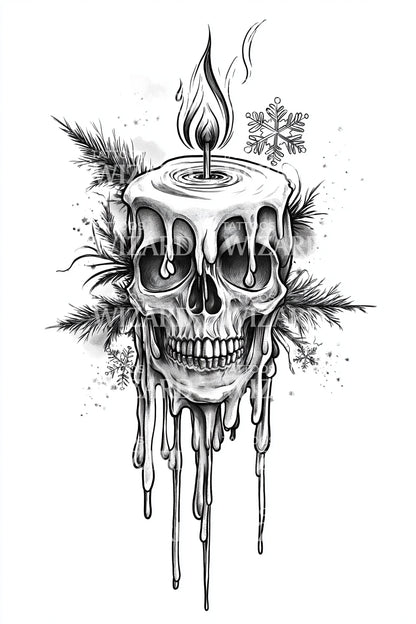 Melting Candle Skull Christmas Tattoo Design