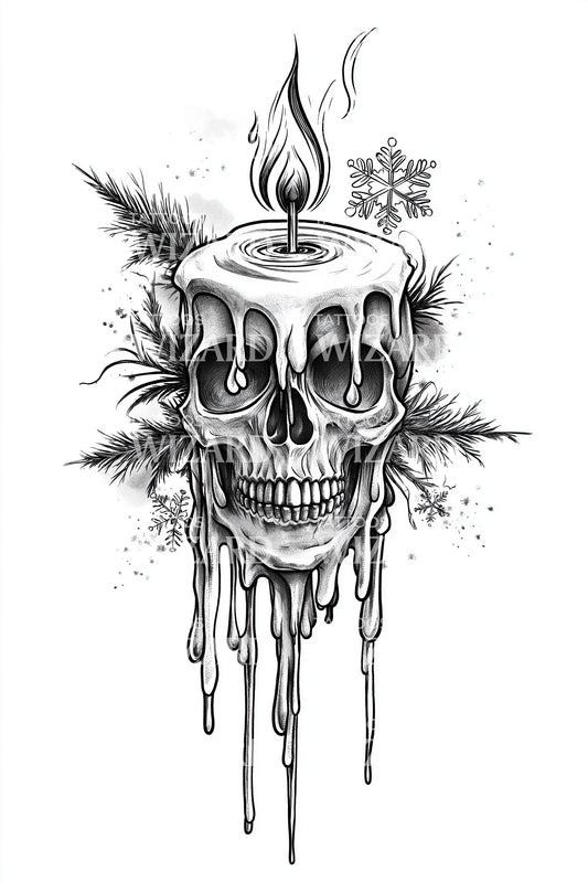 Melting Candle Skull Christmas Tattoo Design
